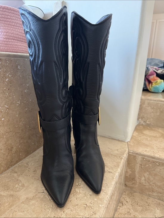 Vince Camuto Shoes - Vince Camuto Black Pointed-Toe Over-the-Knee Boots with Gold Buckle